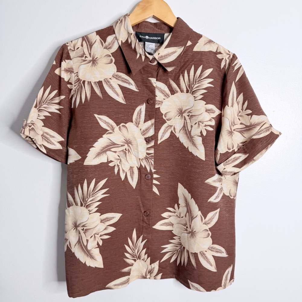 Sag Harbor Silk Brown Floral Hawaiian Shirt 16 Aloha Resortwear Vacation Beach